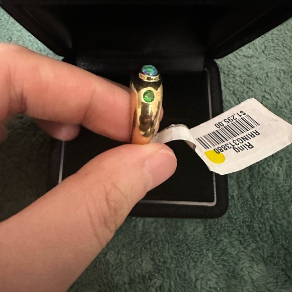 Green Tourmaline-Opal-Green Tourmaline three stone 18k yg ring-heavy - Picture 2 of 11